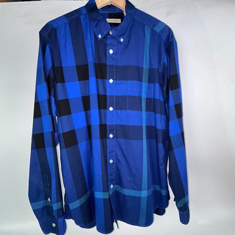 Burberry Brit Nova Blue Plaid Long Sleeve Shirt Button Down Mens XL Chest 44"